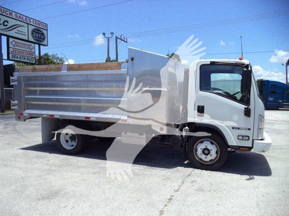 Isuzu NQR dump truck side view showing aluminum dump bed and cab with white exterior.