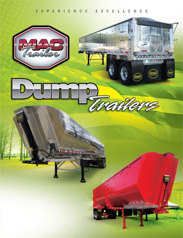 Mac Trailers promotional catalog page showing dump trailers with a silver dump trailer, a gray leaning dumpster, and a red trailer on a green background.