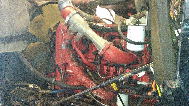 Engine bay of a 2007 International 9900i showing red engine block, air intake, hoses, and an oil filter assembly.