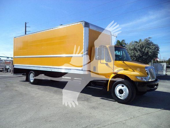 2019 International DURASTAR 4300 box truck showing yellow cab and large cargo box.