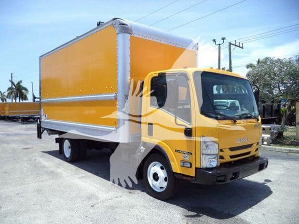 Isuzu NPR HD box truck with yellow cab and large orange cargo box, side view showing front grille and wheel.