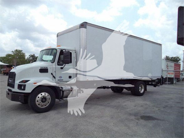 Box truck with white cab and large gray box, Mack MD7 in-use vehicle.