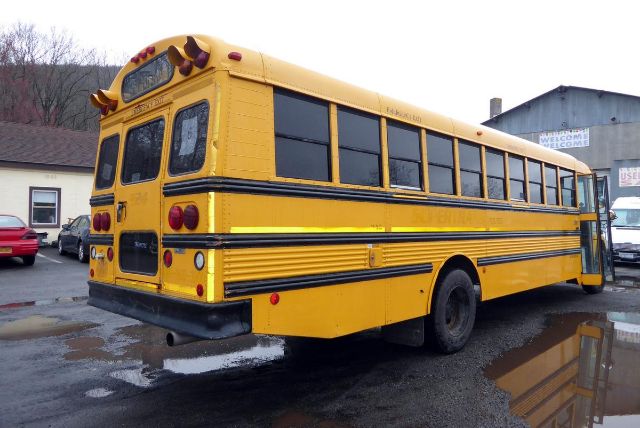 Yellow 2002 Freightliner school bus rear three-quarters view with black stripes and windows along side.