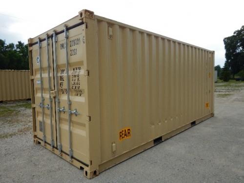 20' double door shipping storage container in beige with rear doors and security bars.