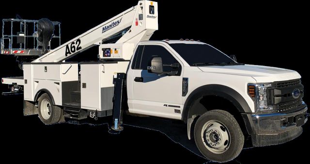 Ford F-550 bucket truck with Manitex A62 boom, chassis white, stacked service compartments along side, A62 boom labeled Manitex.