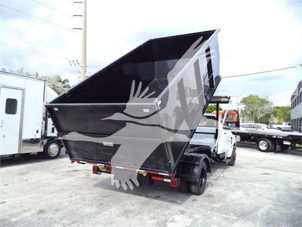 Dump truck rear view showing large black dump bed raised, white cab, tail lights, and hydraulic area.