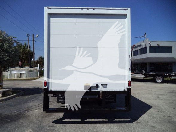 Ford E-450 box truck rear view with white cargo door and black bumper, stock number T96725, VIN 1FDXE4FS6BDA96725.