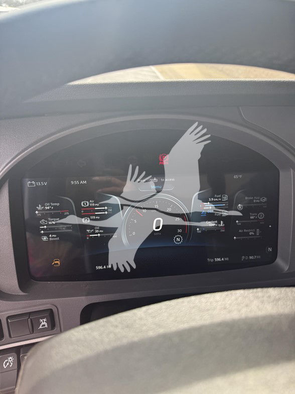 Kenworth T880 digital instrument cluster showing 0 mph, dashboard gauges, and warning icons inside cab.