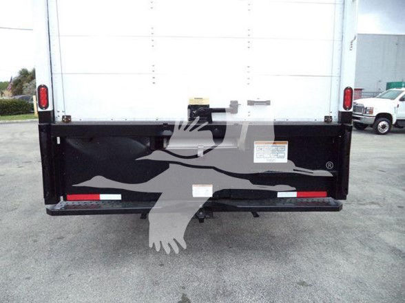 Rear view of a 2019 International DURASTAR 4300 box truck showing cargo area doors and rear bumper with reflective strips.