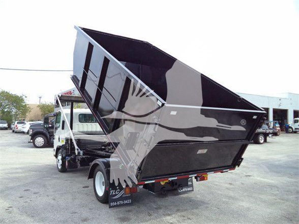 Isuzu NRR dump truck bed raised showing rear and side with VIN JALE5W16XH7300885 stock 210702 category refuse used truck.