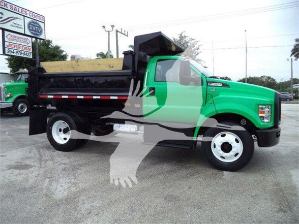 Ford F-650 SD dump truck with green cab and black dump bed, white wheels, side mirrors, and T09276 stock number visible at a dealership lot.