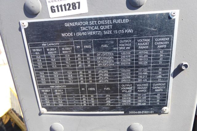 Generator set, diesel fueled, tactical quiet, plate with technical specs including KW capacity, fuel type, output voltage, and current capacity ratings.