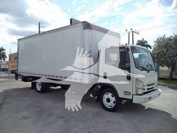 Isuzu NRR box truck in a three-quarter view showing cargo box and cab, stock number 210706FM visible; medium-duty truck with white exterior.