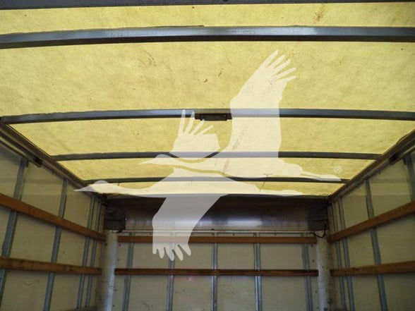 Isuzu NPR HD truck cargo box interior showing empty box with overhead rails and wood side supports.