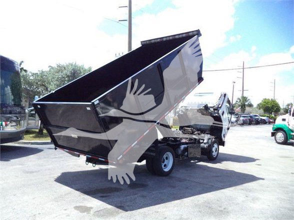 Isuzu NRR dump truck bed raised showing rear and side view with black dump bed and chassis.