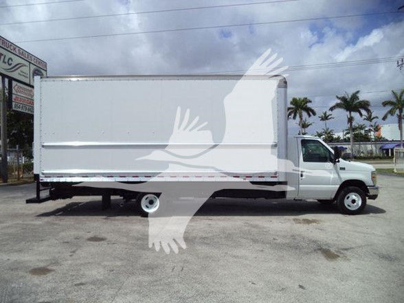 Box truck side view with white cargo box on a Ford E-450 chassis showing no text visible on the cargo area.