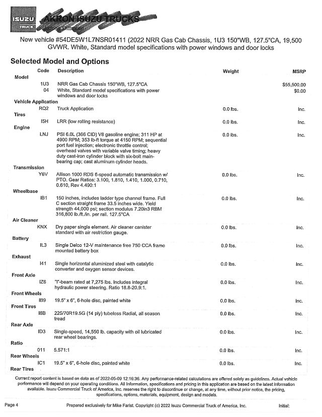 Isuzu NRR gas cab chassis spec sheet showing Model 1U3 04, weight, horsepower, engine LNJ 6.0L V8, 225/19.5 tires, 150 in wheelbase, selectable options list of weights and MSRP.