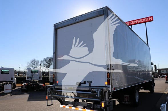 Isuzu box truck rear view showing large cargo box and rear doors.
