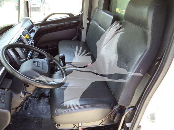 Truck interior showing front seats, steering wheel, and dashboard of a used 2019 model with a black/gray vinyl cabin.