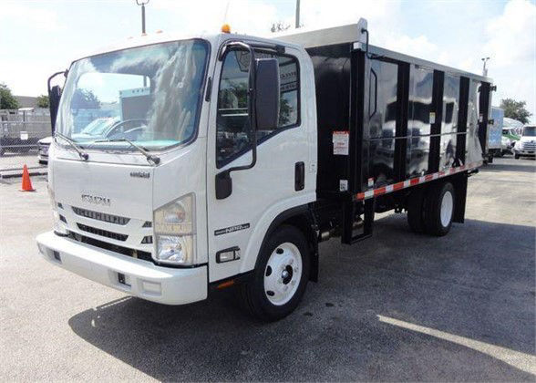 Isuzu NPR HD dump truck in white cab with black dump bed, front three-quarter view showing side panels and branding.