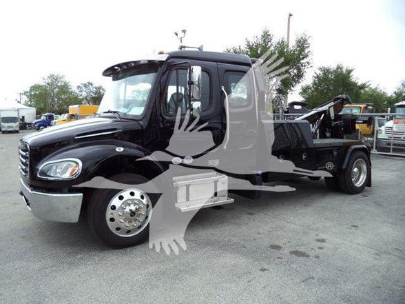 Freightliner Business Class M2 106 tow truck in black with chrome grille and wheel hubs, side view showing cab and rear tow body.