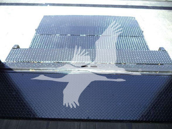 Box truck bed step with diamond plate pattern and silhouette graphic of a bird in flight.