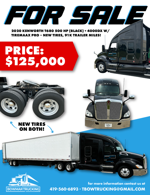 For sale banner on 2020 Kenworth T680 listing showing truck and trailer images with price $125,000 and text NEW TIRES ON BOTH.