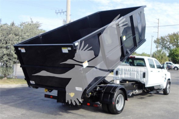 Dump bed truck with black heavy-duty dump bed tilted up on a white cab chassis. No legible labels visible in image.