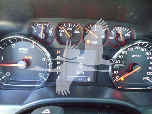 Dashboard view of a 2023 Chevrolet Silverado 6500HD with multiple gauges and a digital speed/gear display.