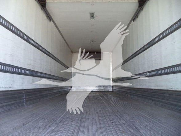 Trailer interior empty cargo space with reinforced side rails and wooden floor; overlay watermark of a bird in flight.