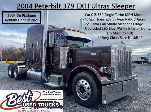 Peterbilt 379 EXHD sleeper tractor in brown with chrome accents, front grille, dual exhaust, and chrome fuel tanks. Overlay text mentions 2004 Peterbilt 379 EXH Ultra Sleeper, 280K on Platinum rebuild in 2021, Cat C15 550 single turbo MBN m