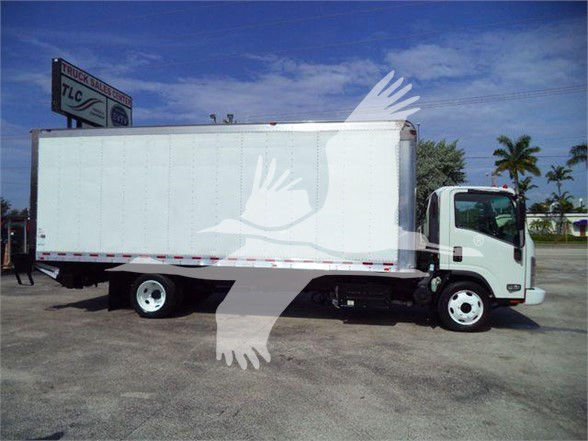 Isuzu NRR box truck side view showing cargo box and cab with white exterior.