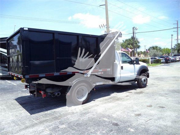 Side view of a white Ford F-550 dump truck with a black dump bed. Reflection and watermark of a hand overlay from the listing photo.