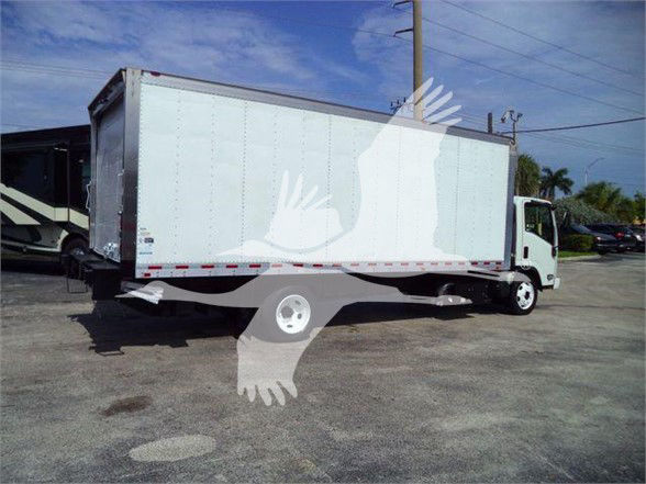 Isuzu NRR box truck with a white cargo body and cab. Side view showing the box, cab, and front wheel. No visible labels or fluid reservoirs legibly. 