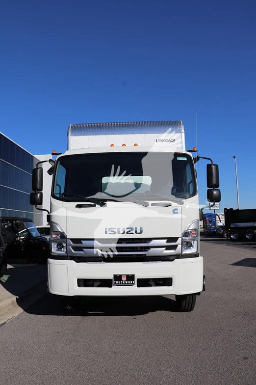 Isuzu FTR box truck front view showing grille, headlights, and Isuzu badge.
