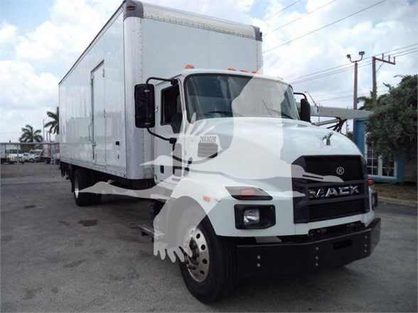 Line drawing watermark of a truck overlaid on an image of a white 2023 Mack MD7 box truck. Visible text includes '268302R' on door area, 'MACK' on grille, general truck silhouette.