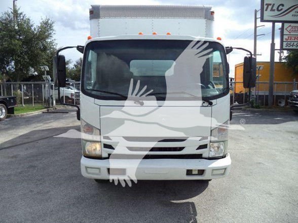 Isuzu box truck front view with white cab and cargo box, two side mirrors, and large windshield; logo watermark across center.