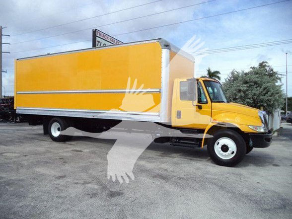 2018 International DURASTAR 4300 box truck with yellow cab and large yellow box. Side view. VIN 3HAMMMML4JL446539, stock T46539, category Box, type Trucks, condition Used.
