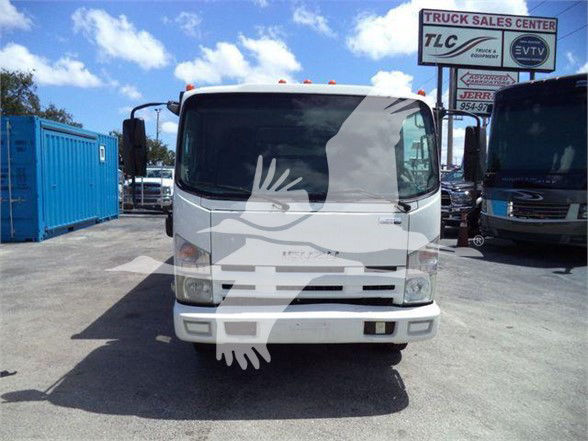 Isuzu NRR dump truck front view with white cab and black windshield, parked in a lot.