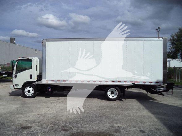 Isuzu NRR box truck side view showing a large white cargo box with a light gray cab and black chassis. No visible logos or text on the box itself.