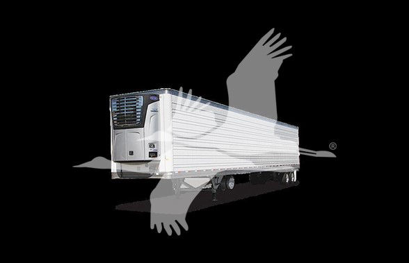 Trailer showing a white refrigerated semi-trailer with a blue and black cooling unit at the front, set against a black background with watermark shapes.