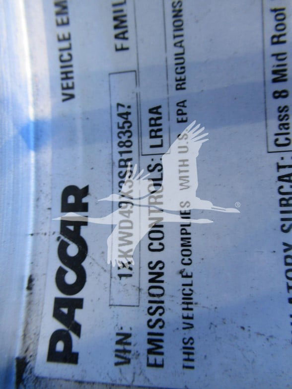 Plate showing VIN: 1XKD49X3SR183547, emissions compliant, LP? 12? BBR? including PacCAR branding and some regulation text.