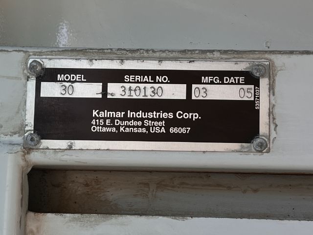Kalmar Ottawa 30 equipment identification plate showing Model 30, Serial No. 3100130, MFG. Date 03 05, Kalmar Industries Corp. 415 E. Dundee Street Ottawa, Kansas, USA 66067.