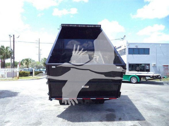 Isuzu NRR dump truck rear view showing dump bed with black paint and reflective surfaces.