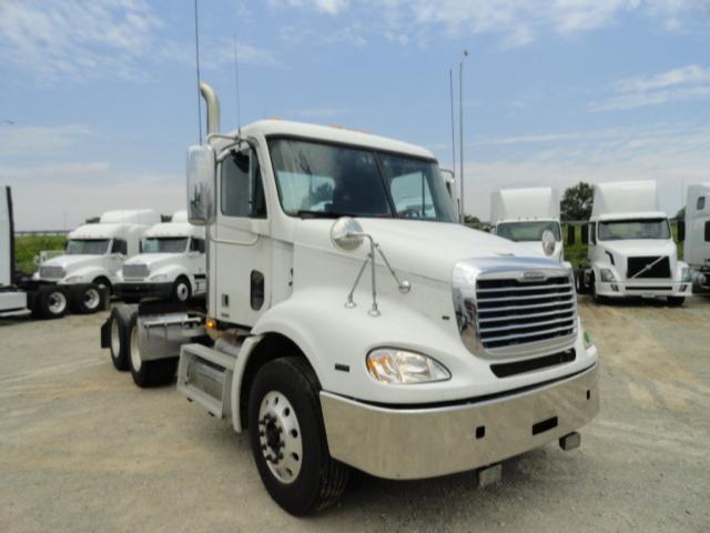 Fleet white 2009 Freightliner Columbia conventional daycab truck, front and side view showing chrome grille, large headlights, dual-axle rear, and exhaust stack.