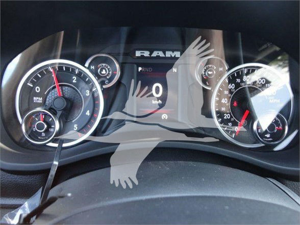 Ram 4500 dash cluster showing speedometer and tachometer with digital display, 0 km/h, P R N D gear indicators.