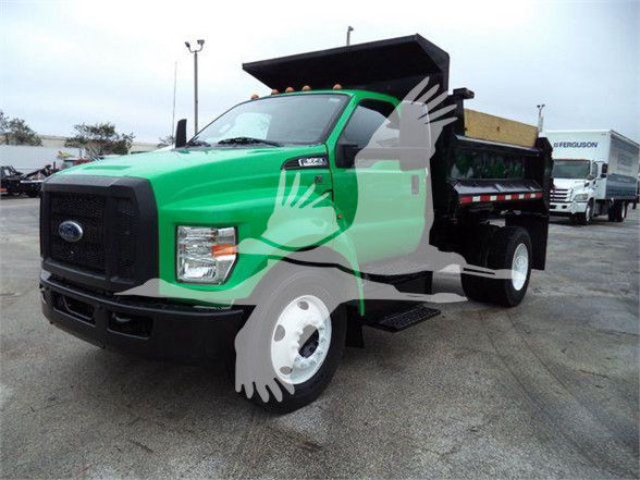 Ford F-650 SD dump truck in green with black grille, white wheels, and black dump bed.