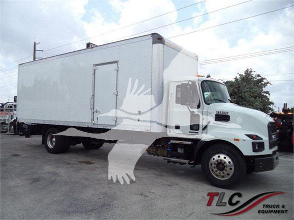 Box truck in side view with white cargo box on a Mack MD7 chassis, CDL style dual rear wheels, cab doors visible, TLC Truck & Equipment watermark.
