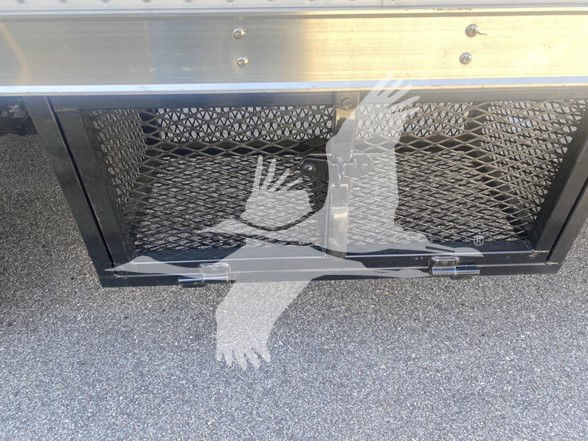 Isuzu NPR HD truck undercarriage showing front grille area and storage compartments.