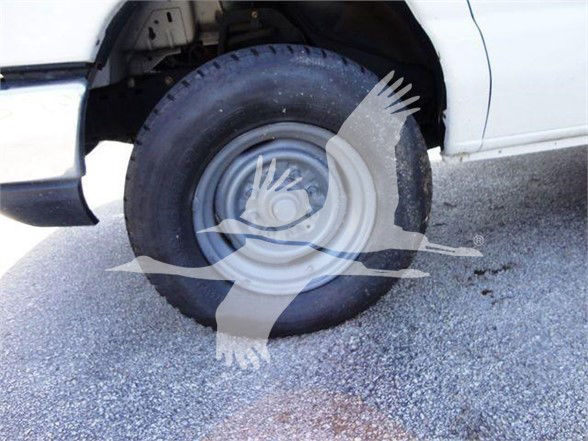 Blue Ford E350 SD wheel and tire in a side view, hub cap visible, with watermark overlay.